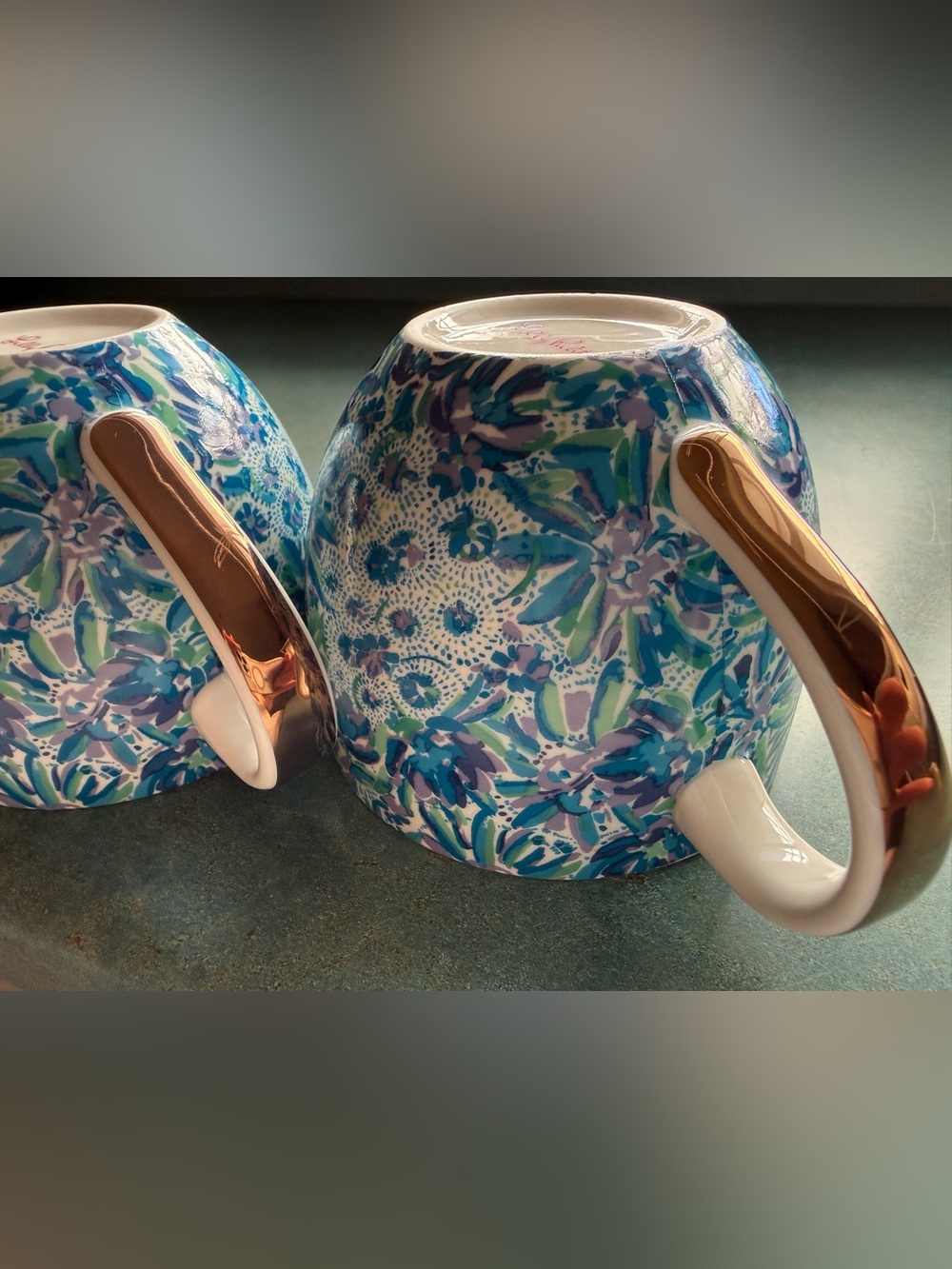 2 Lilly Pulitzer Blue Floral Ceramic Mugs with Gold Accents